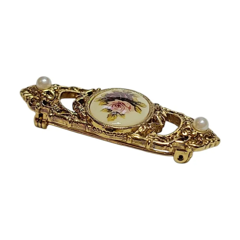 VTG 1928 Brand Painted Roses Faux Pearl Gold Tone Brooch Pin Victorian Revival